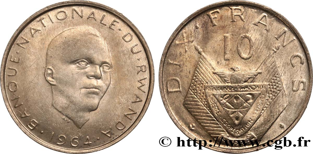RUANDA 10 Francs président Grégoire Kayibanda / emblème 1964 Bruxelles VZ 