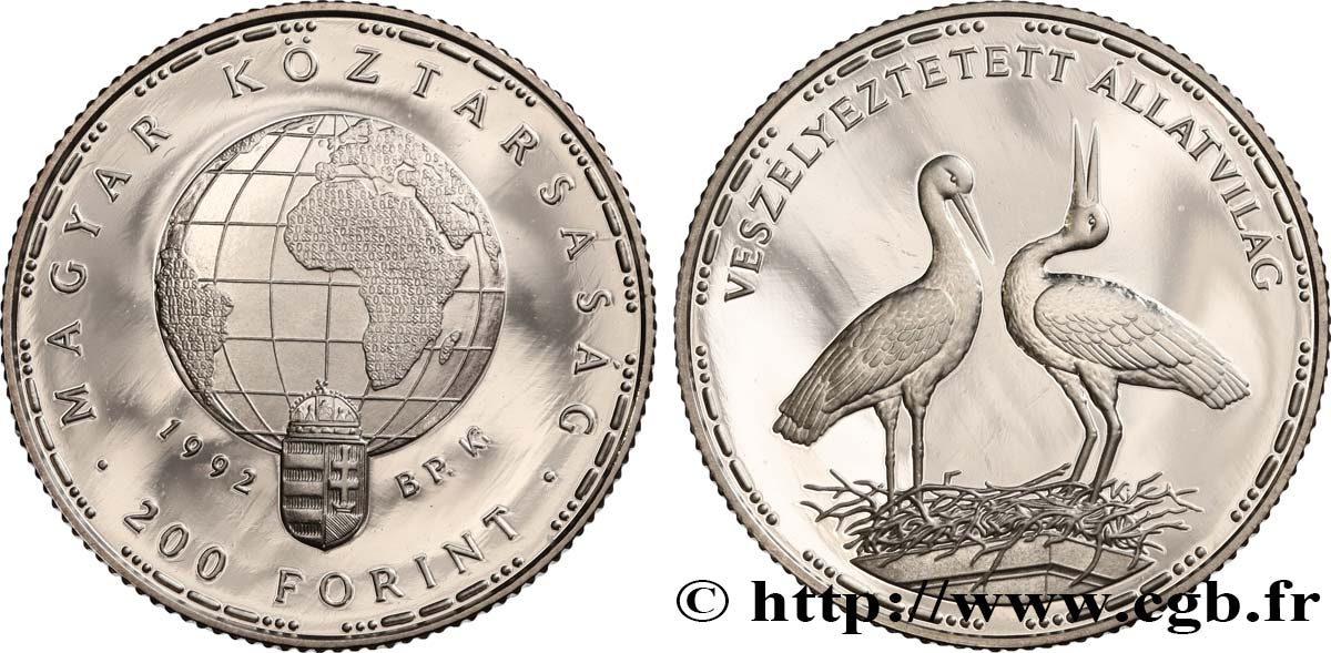 HUNGARY 200 Forint proof Cigogne blanche 1992 Budapest MS 