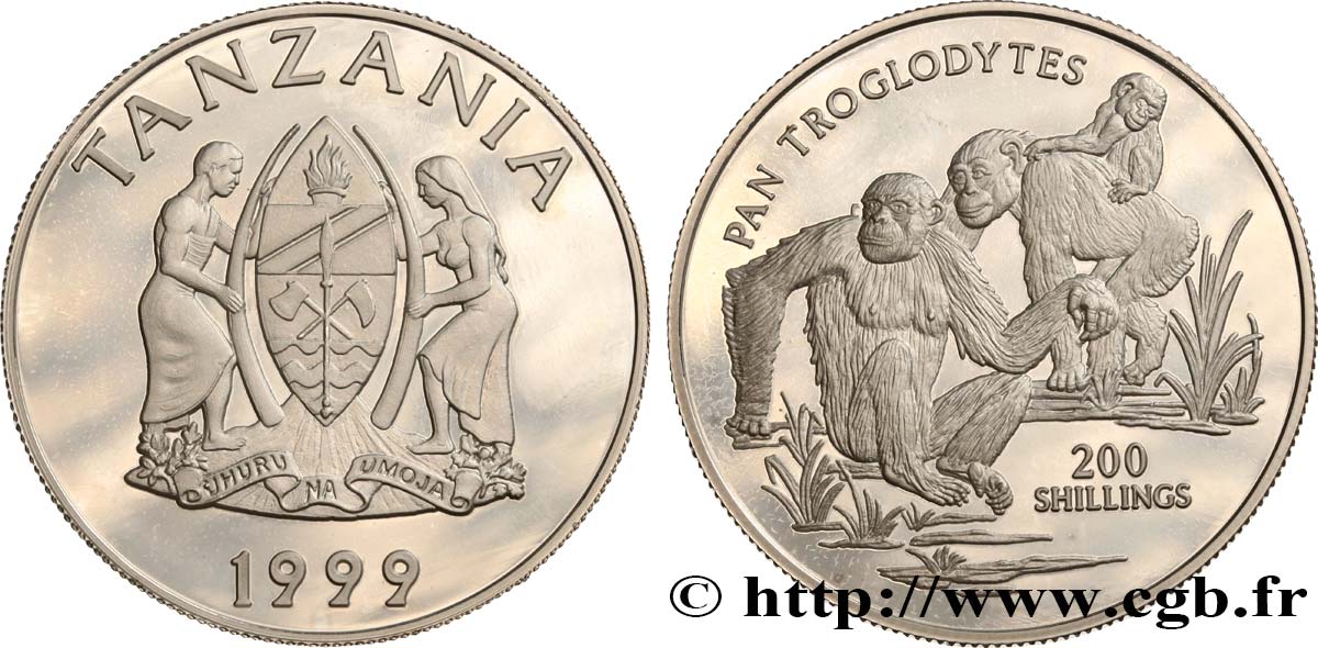 TANSANIA 200 Shillings Proof Chimpanzés 1999  fST 