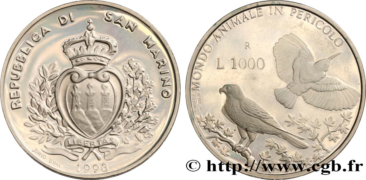 SAN MARINO 1000 Lire proof oiseaux 1993 Rome MS 