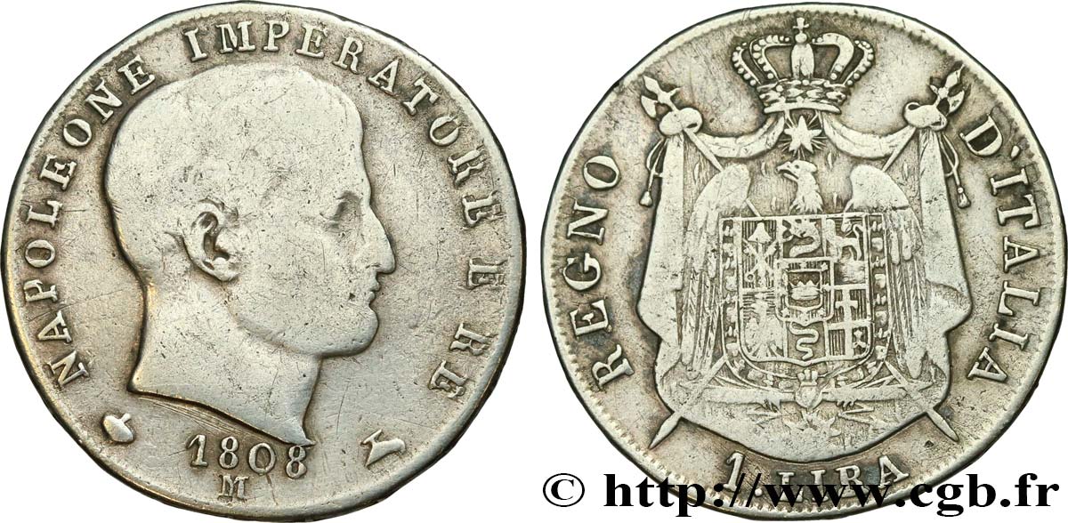 ITALIA - REGNO D ITALIA - NAPOLEONE I 1 Lire Napoléon Empereur et Roi d’Italie, étoiles en relief sur la tranche 1808 Milan - M MB 