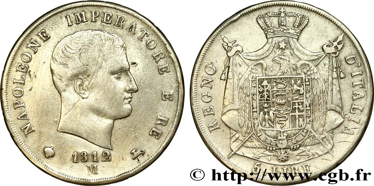 ITALY - KINGDOM OF ITALY - NAPOLEON I 5 Lire 1812 Milan VF 