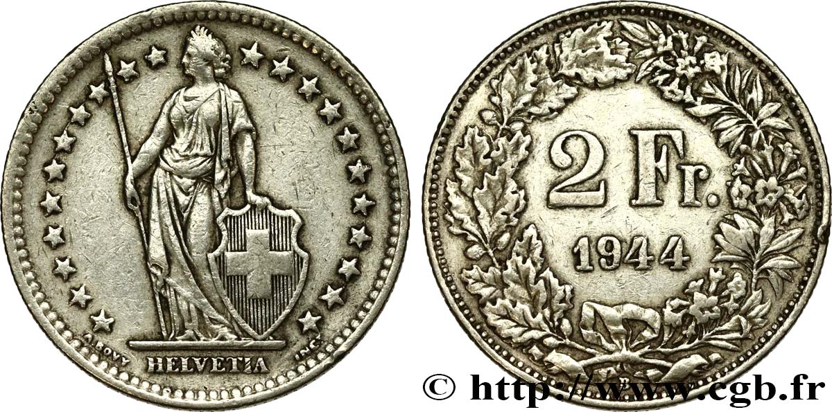 SVIZZERA  2 Francs Helvetia 1944 Berne BB 