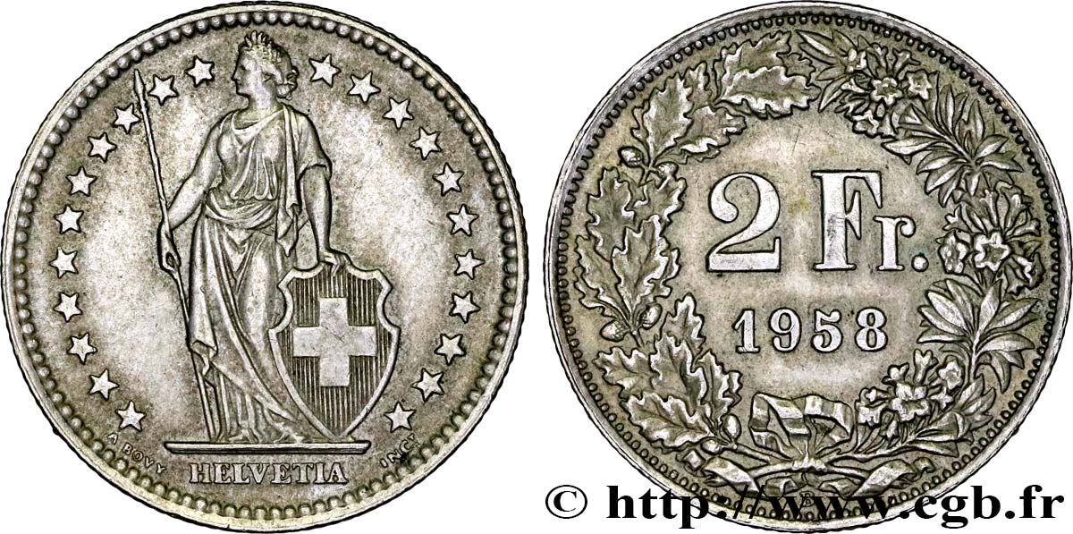 SUISSE 2 Francs Helvetia 1958 Berne SUP 