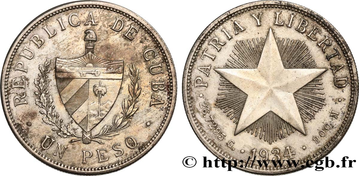 CUBA 1 Peso 1934  XF/AU 