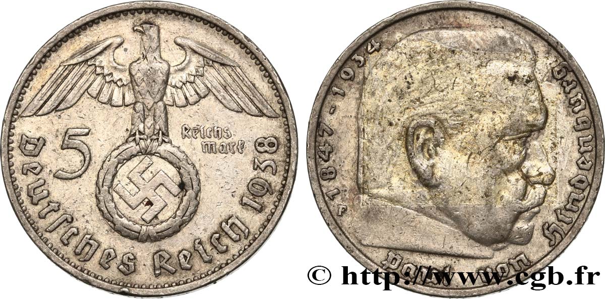 ALLEMAGNE 5 Reichsmark Maréchal Paul von Hindenburg 1938 Stuttgart TTB 