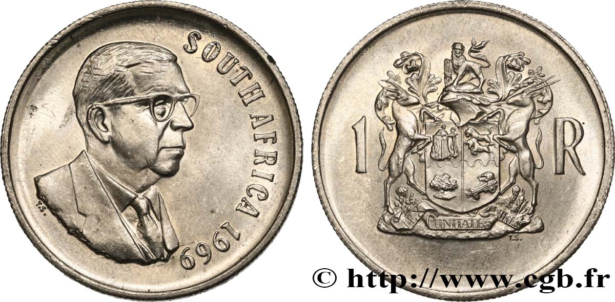 SüDAFRIKA 1 Rand Dr Theophilus Ebenhaezer Dönges
 / springbok, légende afrikaans 1969 Pretoria fST 