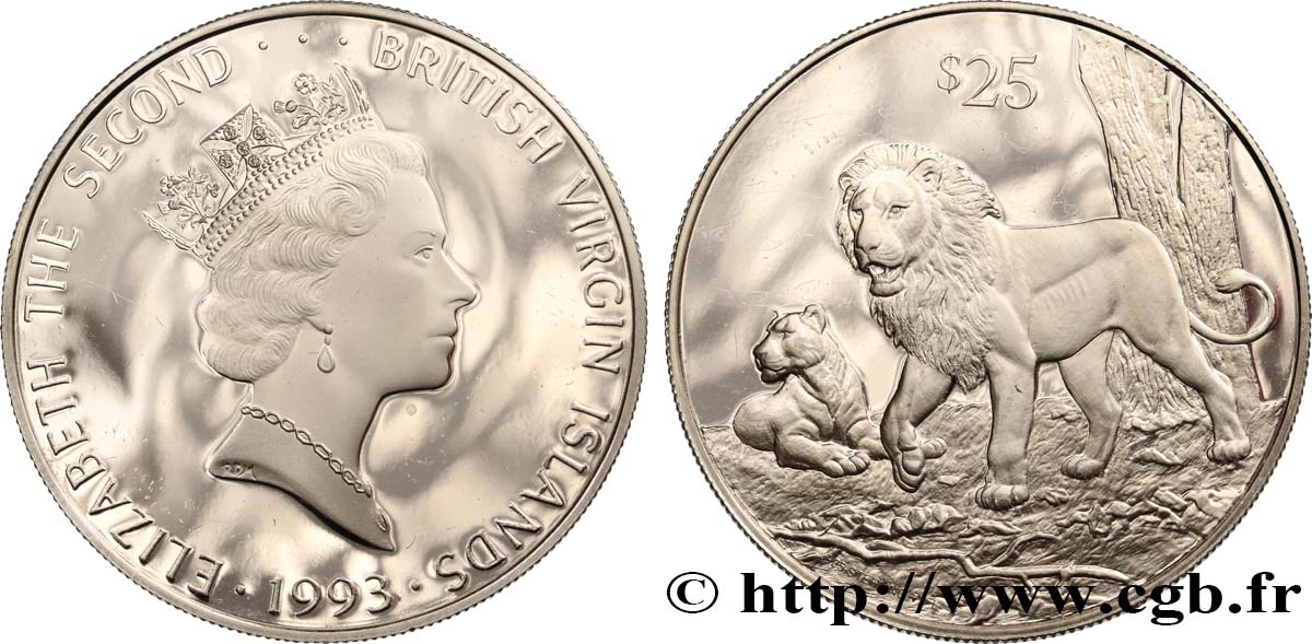BRITISCHE JUNGFERNINSELN 25 Dollars Proof Elisabeth II Lion 1993  fST 