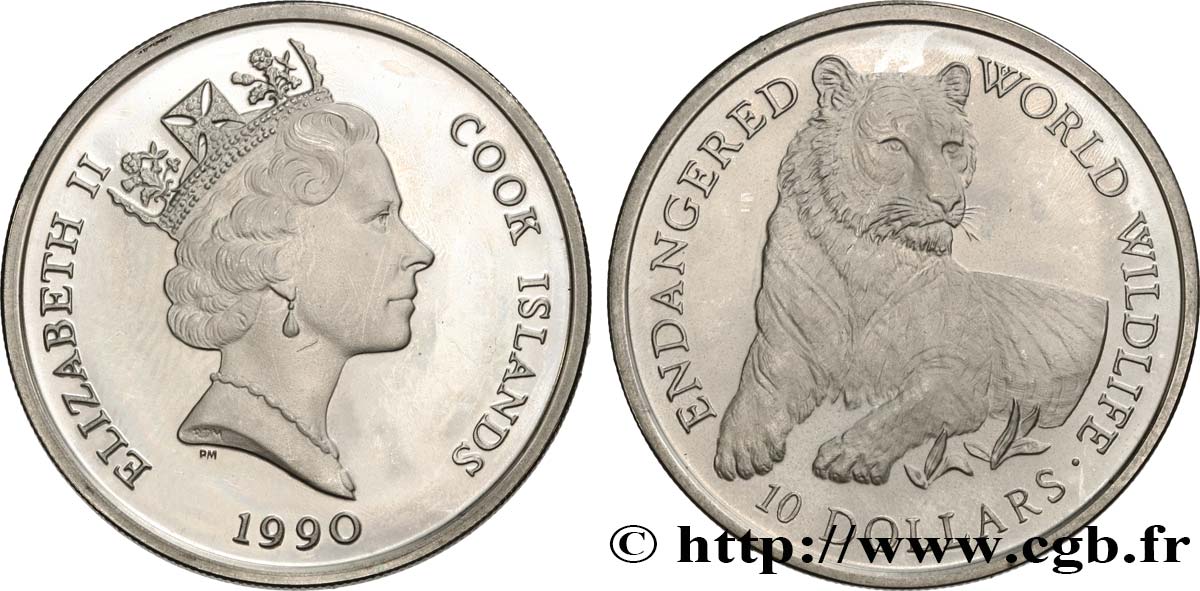 ÎLES COOK  10 Dollars Proof Tigre 1990  SPL 