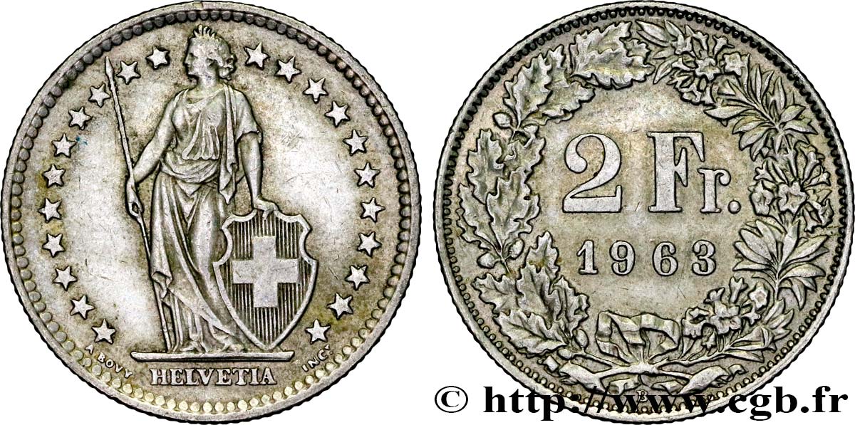 SUISSE 2 Francs Helvetia 1963 Berne SUP 