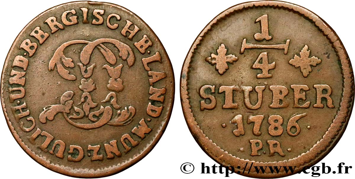 GERMANY - JÜLICH-BERG 1/4 Stuber Duché de Jülich-Berg monogramme de Carl Théodore de Bavière 1786 Düsseldorf VF 