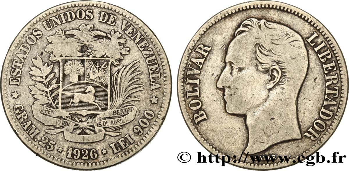 VENEZUELA 5 Bolivares Simon Bolivar 1926 Philadelphie TB 