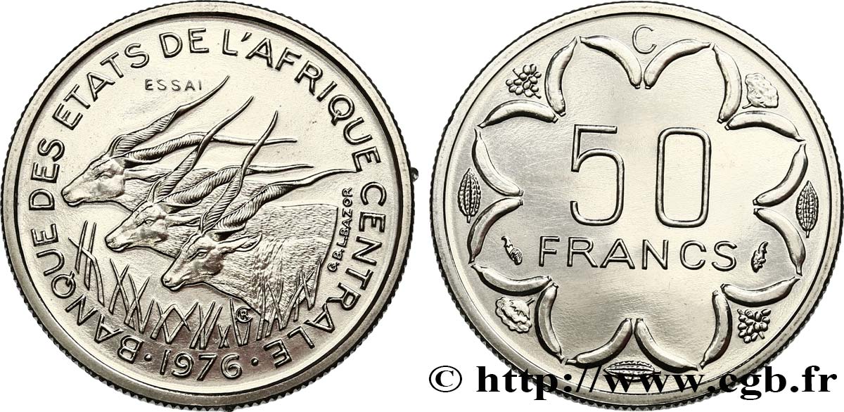 ESTADOS DE ÁFRICA CENTRAL
 Essai de 50 Francs antilopes lettre ‘C’ Congo 1976 Paris FDC 