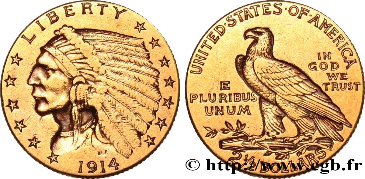 ÉTATS-UNIS D AMÉRIQUE 2 1/2 Dollars or (Quarter Eagle) type “tête d’indien”  1914 Philadelphie TTB 