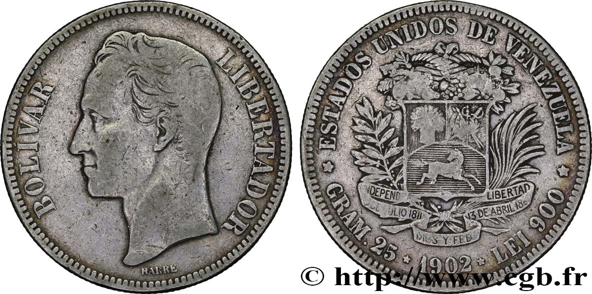 VENEZUELA 5 Bolivares Simon Bolivar 1902 Philadelphie TB 