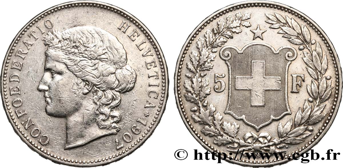 SUISSE 5 Francs Helvetia 1907 Berne TTB+ 
