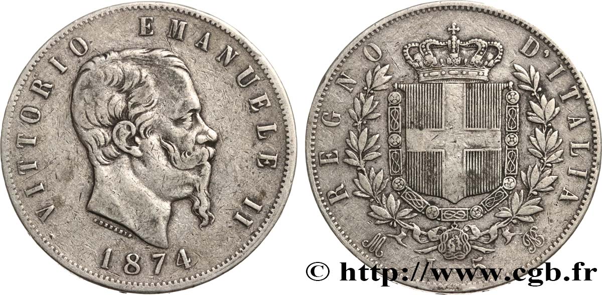 ITALIA 5 Lire Victor Emmanuel II 1874 Milan BC+ 