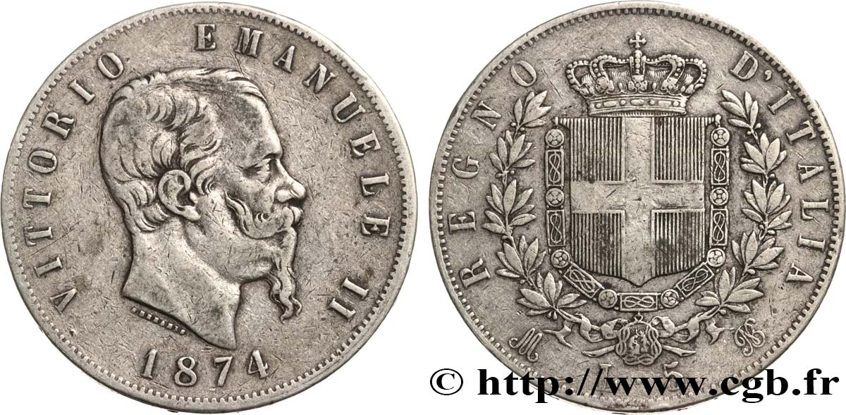 ITALIA 5 Lire Victor Emmanuel II 1874 Milan q.BB 