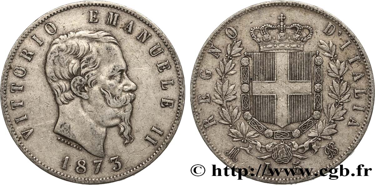 ITALIE 5 Lire Victor Emmanuel II 1873 Milan TTB 