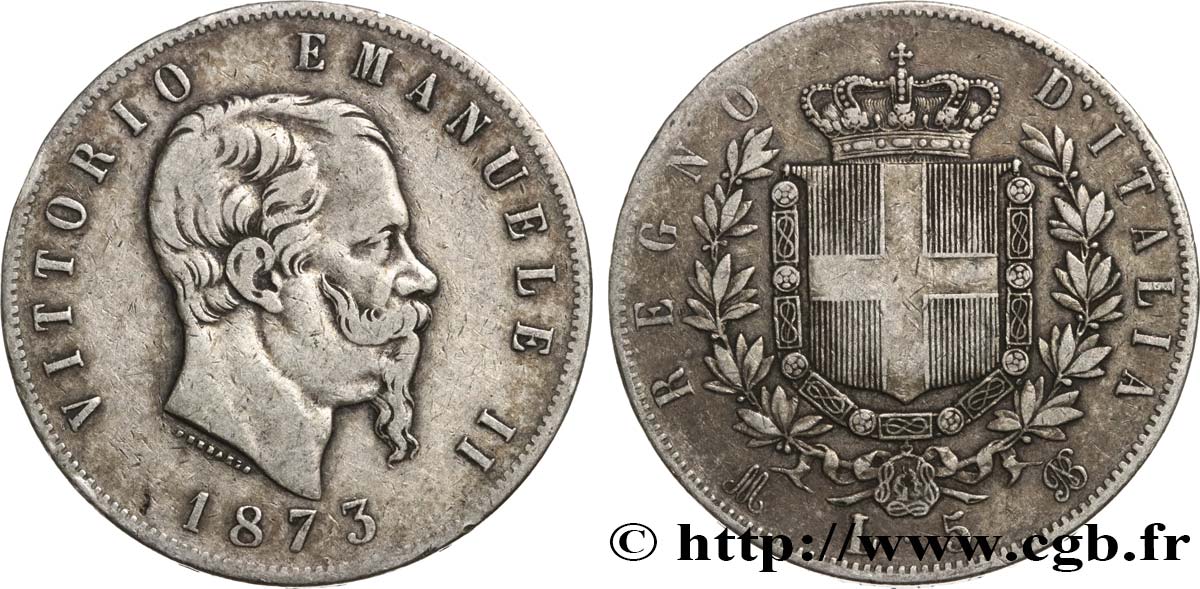 ITALIE 5 Lire Victor Emmanuel II 1873 Milan TTB 