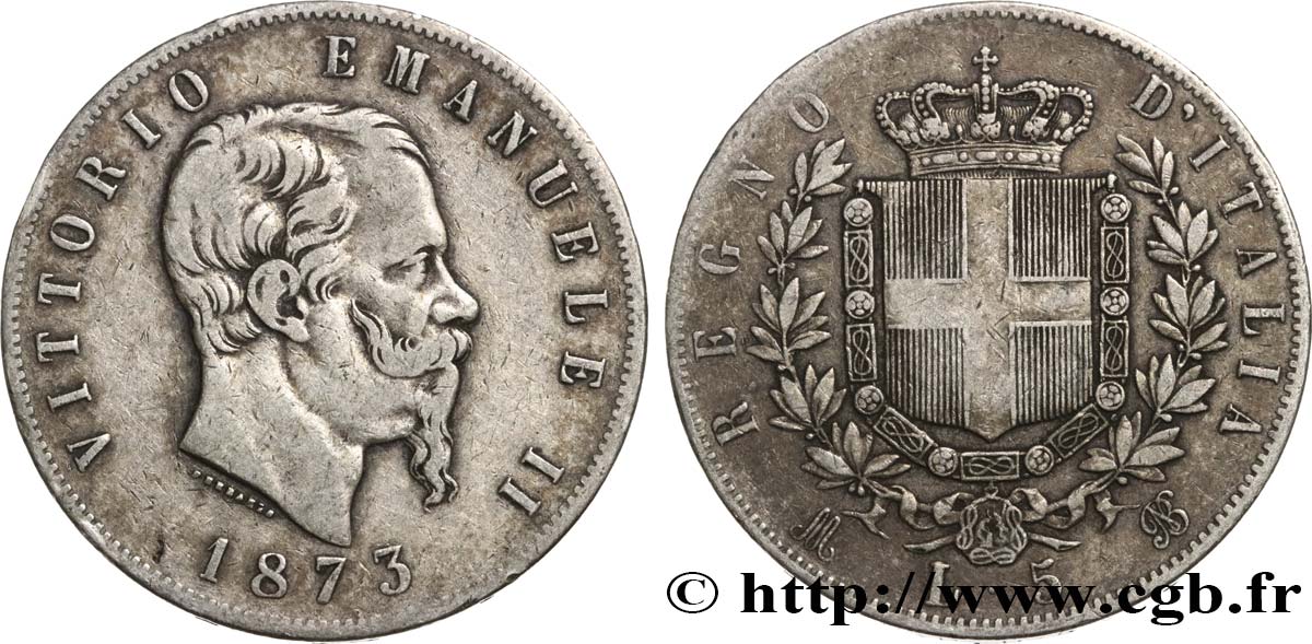 ITALIA 5 Lire Victor Emmanuel II 1873 Milan MBC 