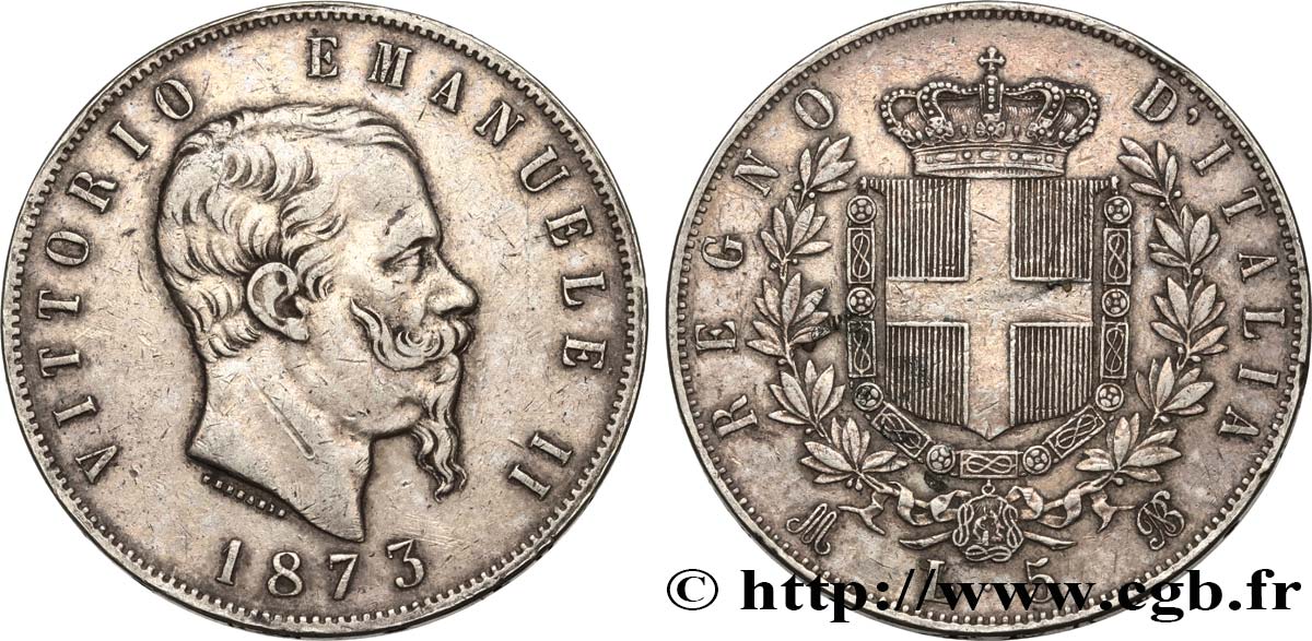 ITALIE 5 Lire Victor Emmanuel II 1873 Milan TTB 