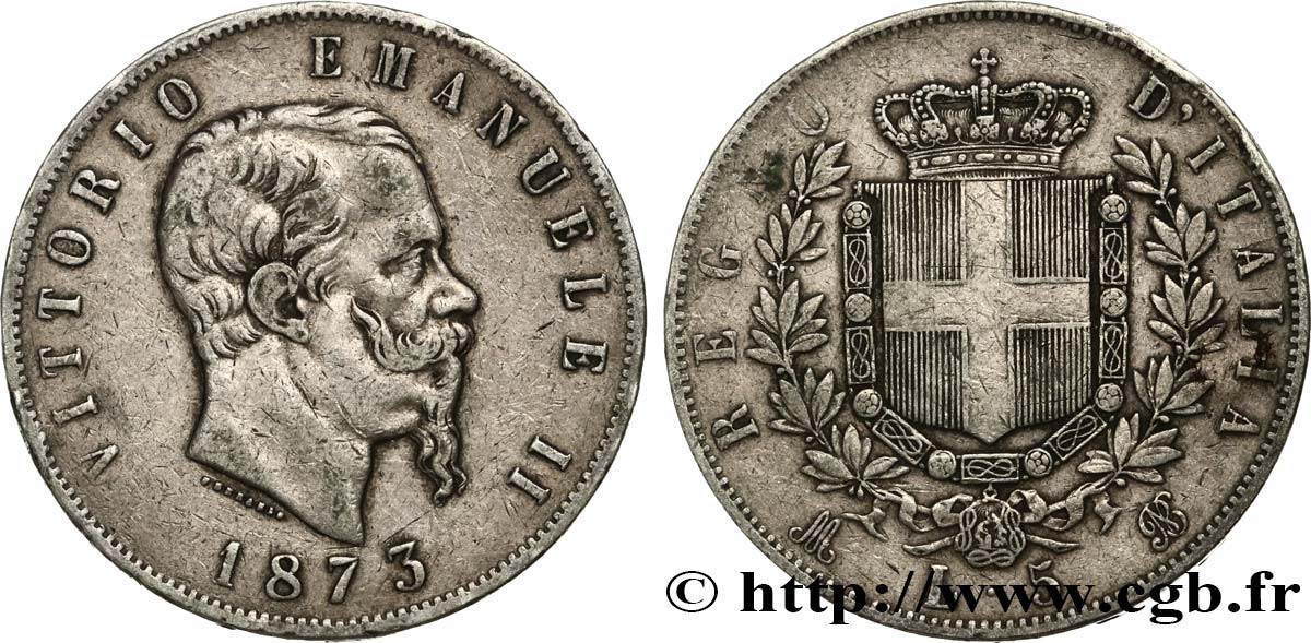 ITALIE 5 Lire Victor Emmanuel II 1873 Milan TTB 