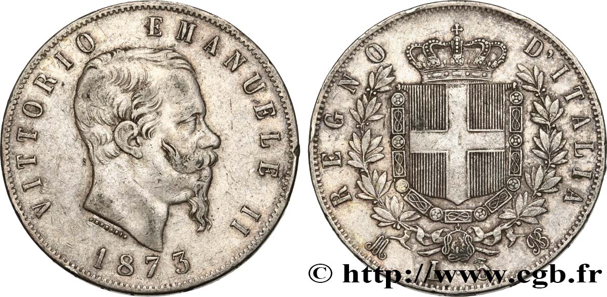 ITALIE 5 Lire Victor Emmanuel II 1873 Milan TTB 