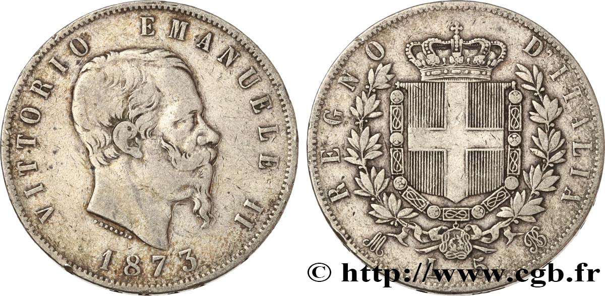 ITALY 5 Lire Victor Emmanuel II 1873 Milan XF 