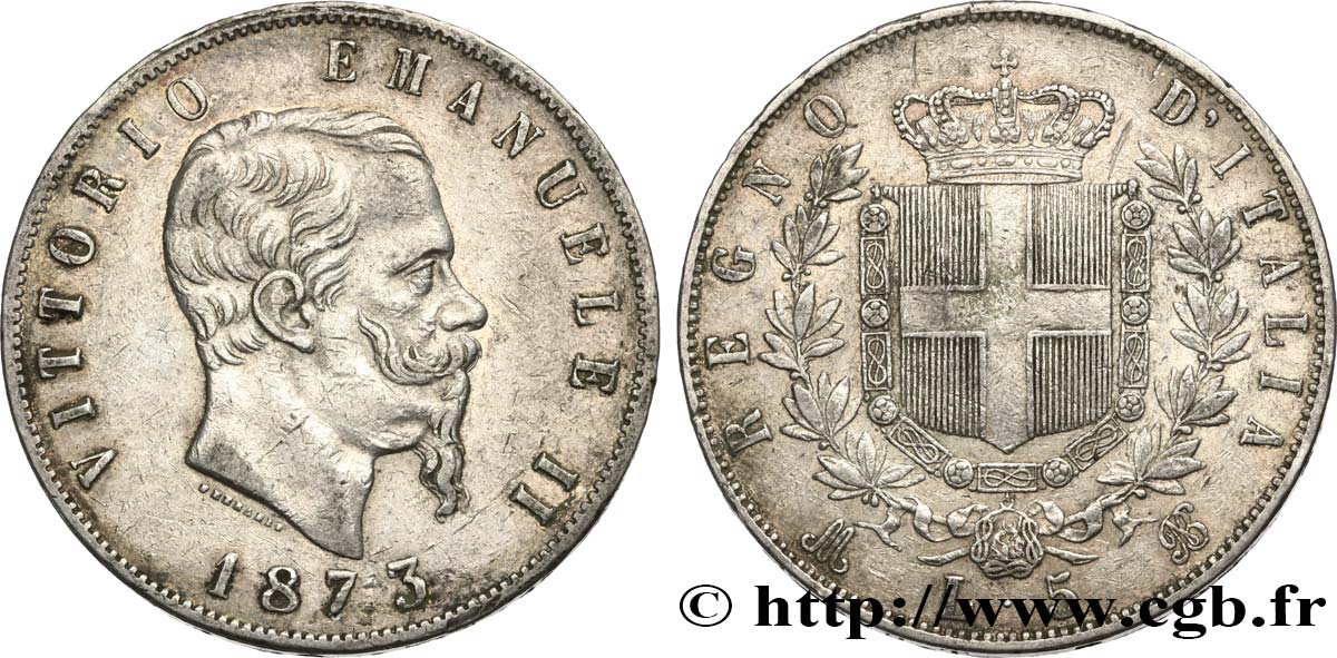 ITALIE 5 Lire Victor Emmanuel II 1873 Milan TTB+ 