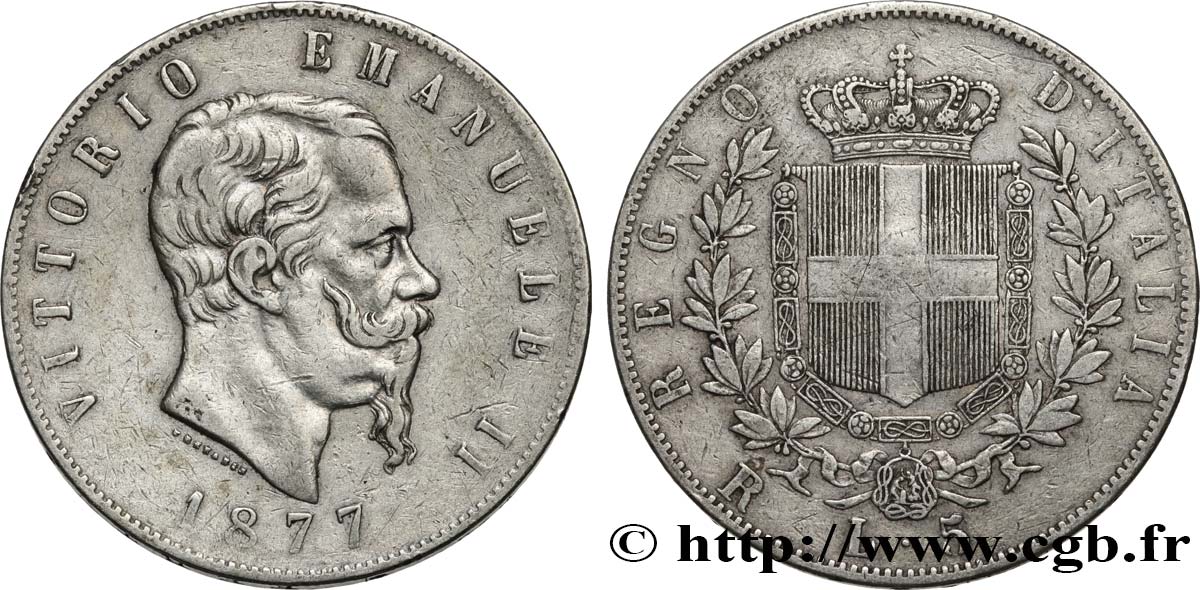 ITALIE 5 Lire Victor Emmanuel II 1877 Rome TB+ 