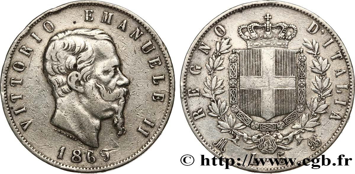 ITALIE 5 Lire Victor Emmanuel II 1869 Milan TB+ 