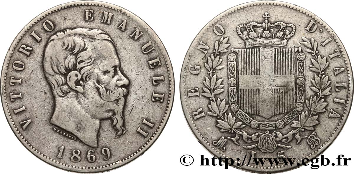 ITALIE 5 Lire Victor Emmanuel II 1869 Milan TB+ 