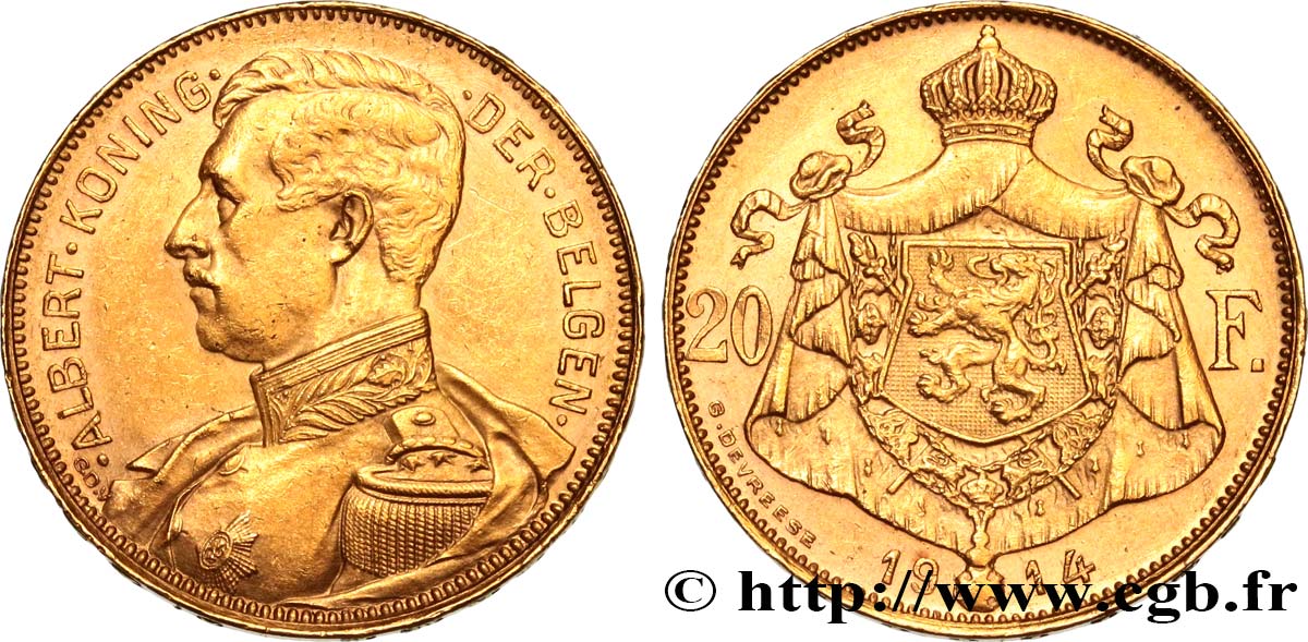BELGIQUE 20 Francs or Albert Ier légende flamande 1914  SUP 