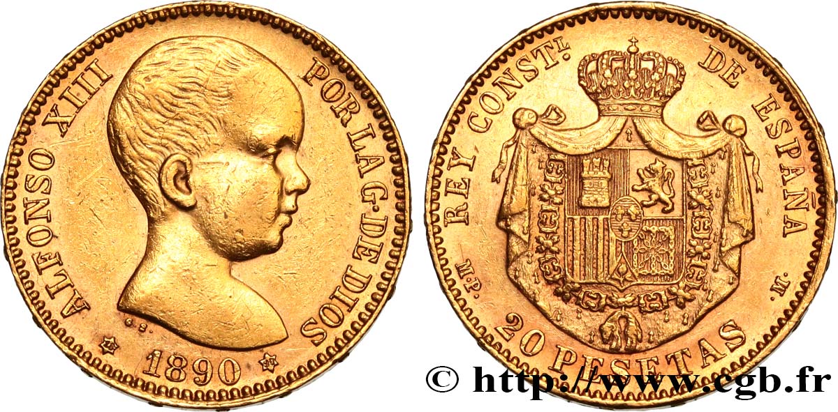 SPANIEN 20 Pesetas Alphonse XIII 1890 Madrid fVZ/VZ 