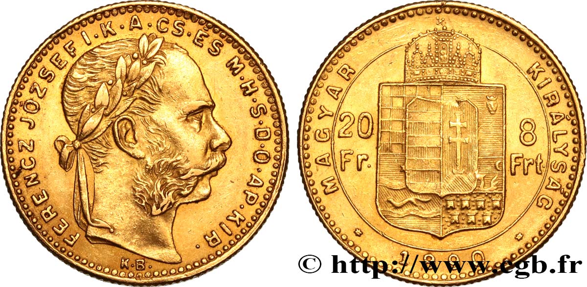 HUNGARY 20 Francs or ou 8 Forint, 2e type François-Joseph Ier 1890 Kremnitz AU/AU 