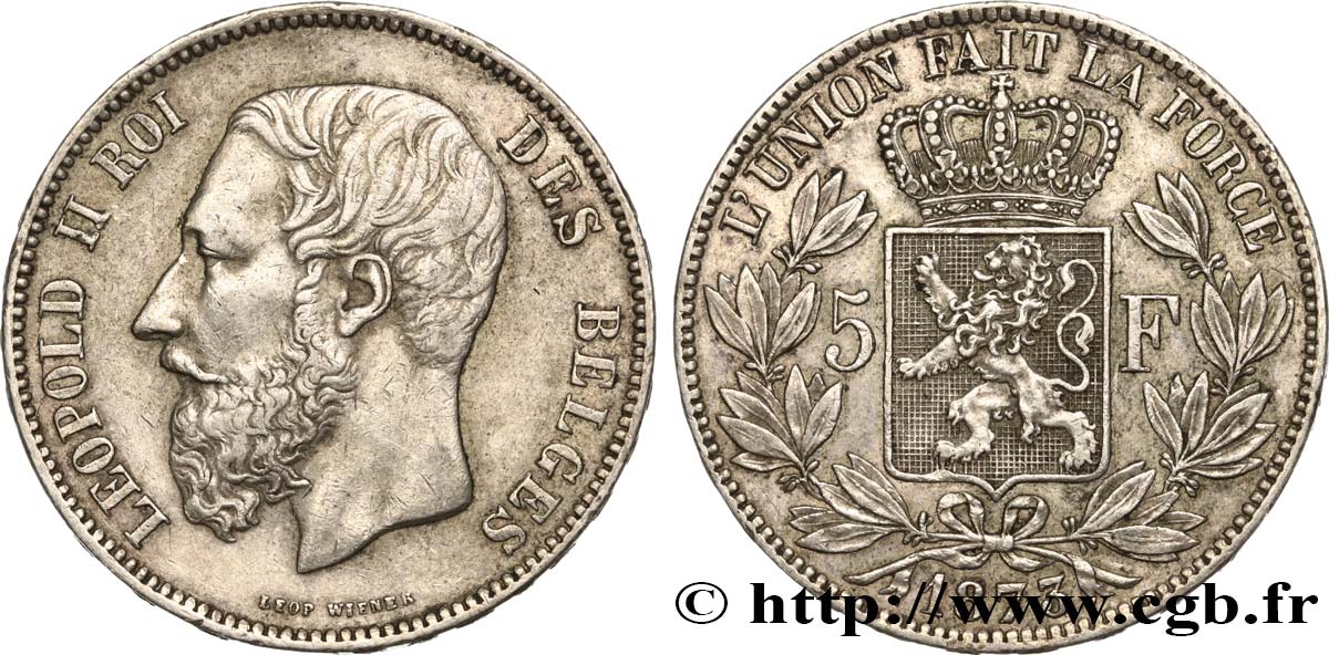 BELGIQUE 5 Francs Léopold II 1873  TTB 