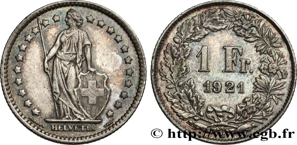 SUISSE 1 Franc Helvetia 1921 Berne - B TTB 