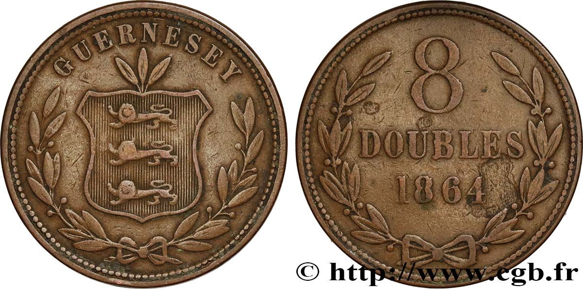 GUERNSEY 8 Doubles armes du baillage de Guernesey 1864 Heaton BC 