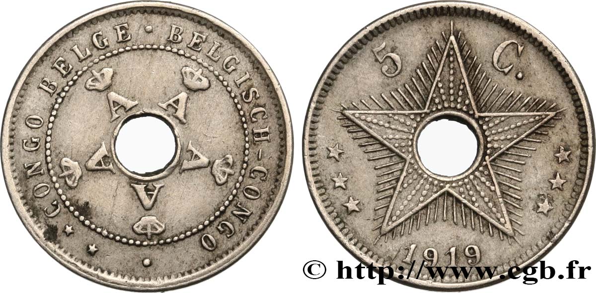CONGO BELGA 5 Centimes monogrammes du roi Albert 1919 Heaton SPL 