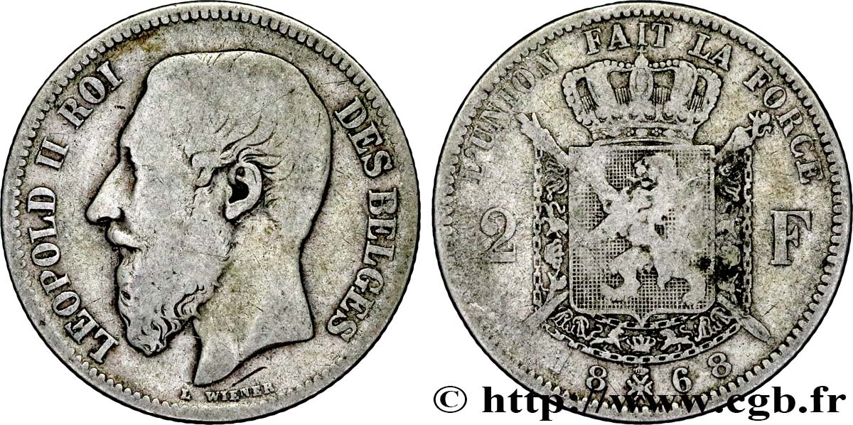 BELGIQUE 2 Francs Léopold II légende française 1868  TB 