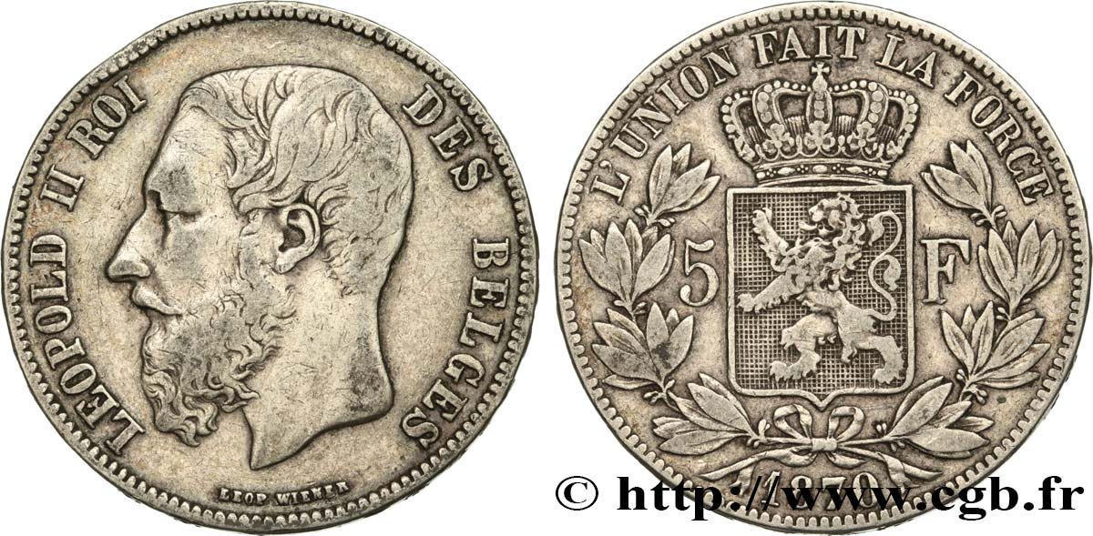 BELGIQUE 5 Francs Léopold II 1870  TB+ 
