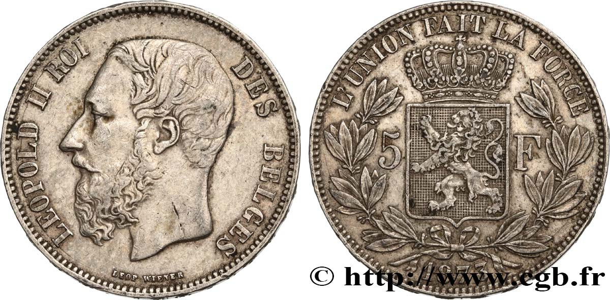 BELGIQUE 5 Francs Léopold II 1873  TTB 