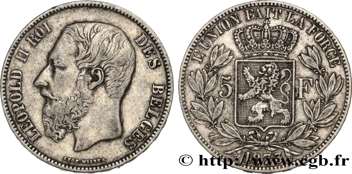 BELGIO 5 Francs Léopold II 1873  BB 