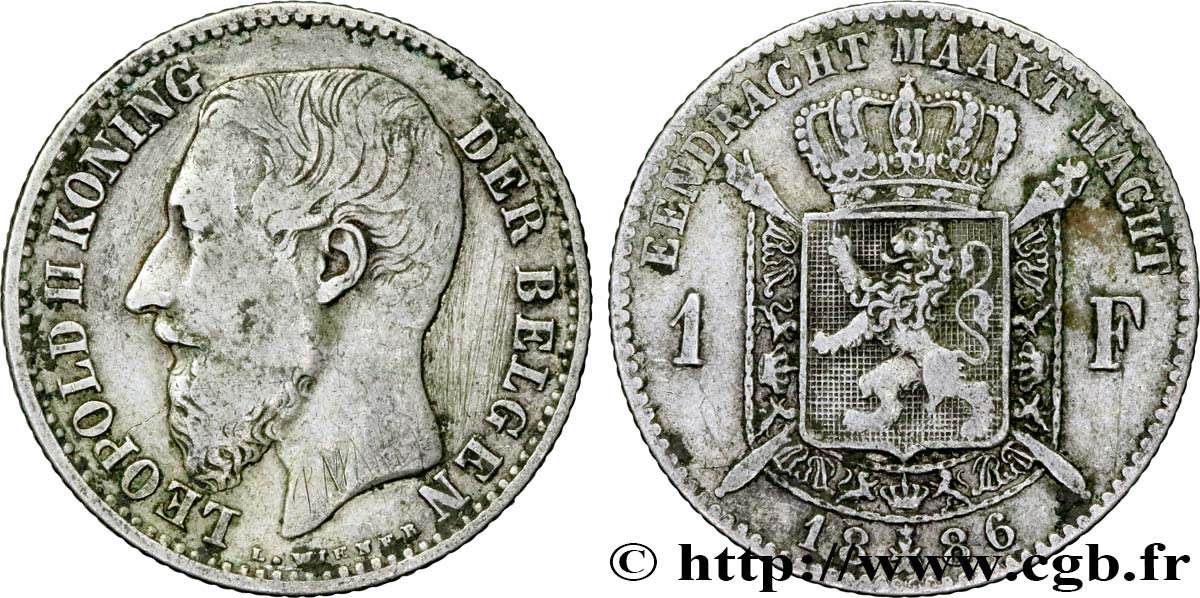 BELGIQUE 1 Frank (Franc) Léopold II légende flamande 1886  TB+ 