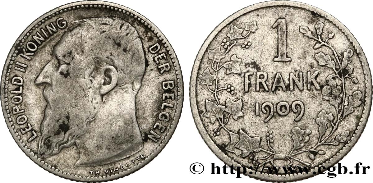 BELGIEN 1 Frank (Franc) Léopold II légende flamande 1909  S 