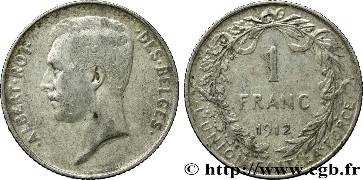 BELGIQUE 1 Franc Albert Ier légende française 1912  TB 