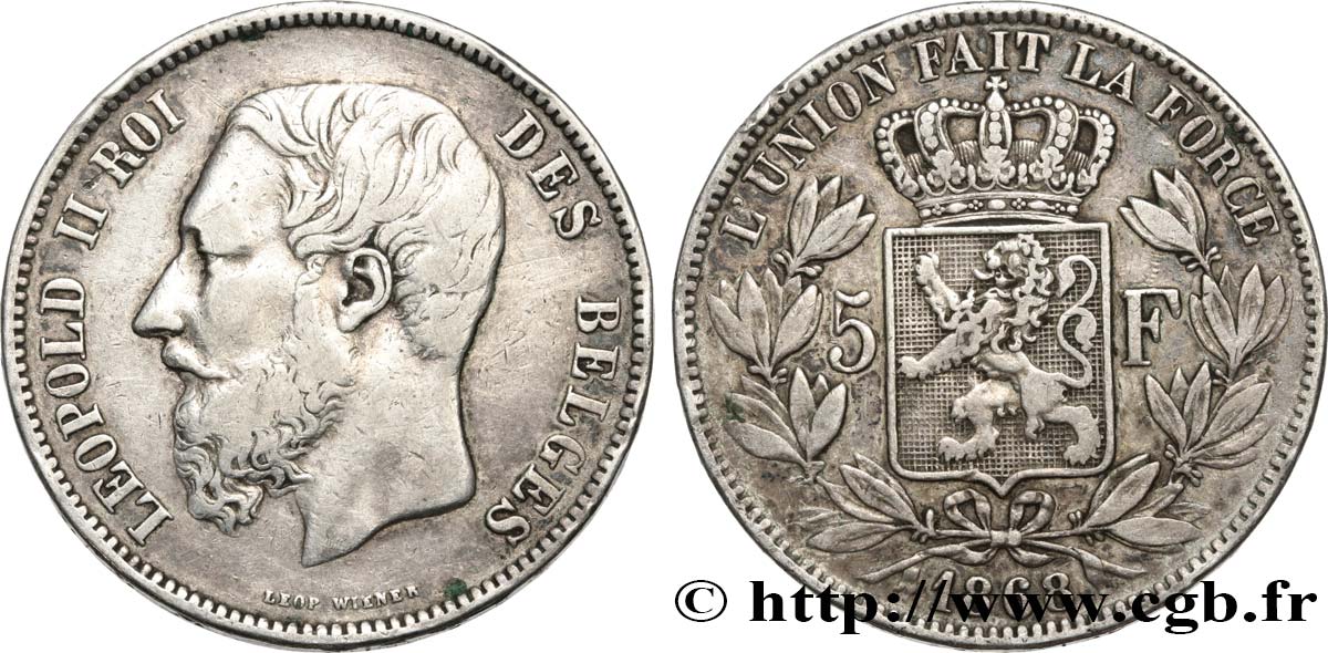 BELGIQUE 5 Francs Léopold II 1868  TB+ 