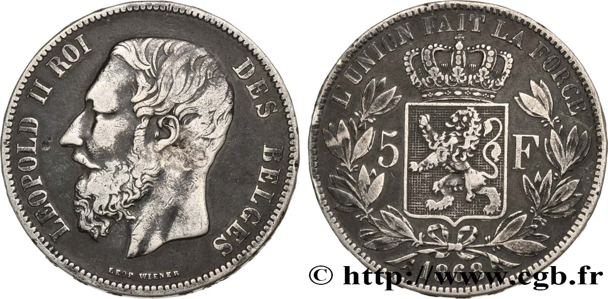 BELGIEN 5 Francs Léopold II 1868  S 