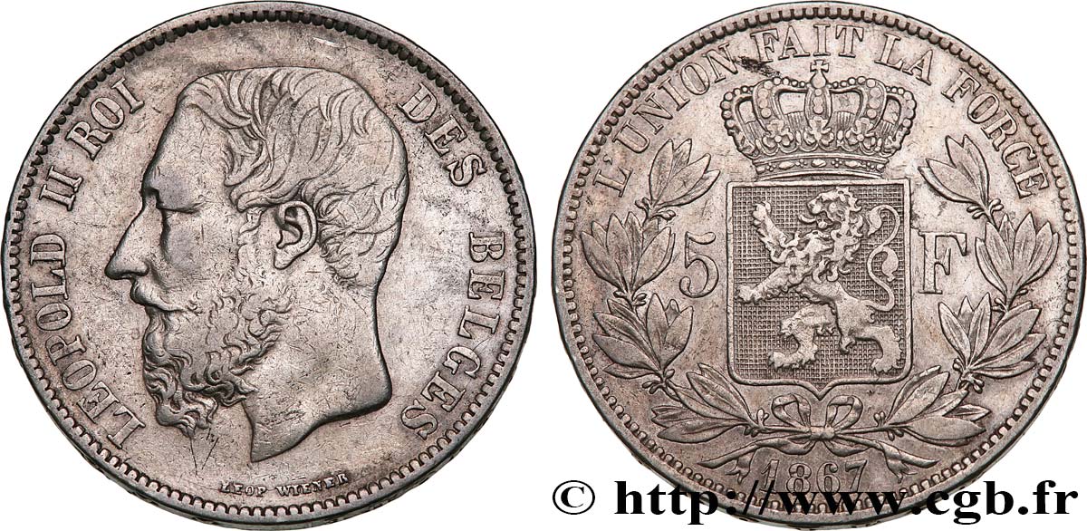 BELGIUM 5 Francs Léopold II 1867  VF 